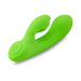 Bright green silicone mini rabbit vibrator with dual motors and single-button control on a white background.