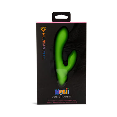 Packaging of Nu Sensuelle Jolie Nubii Warming Mini Rabbit in bright green silicone with dual motors and warming feature.