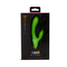 Packaging of Nu Sensuelle Jolie Nubii Warming Mini Rabbit in bright green silicone with dual motors and warming feature.