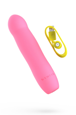 Pink silicone B Swish Bdesired Infinite Deluxe Limited Edition massager with yellow USB magnetic charging cable.