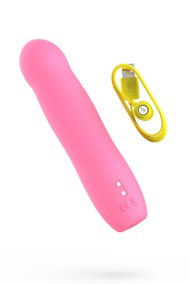 Pink silicone personal massager with rounded tip and yellow USB magnetic charging cable.