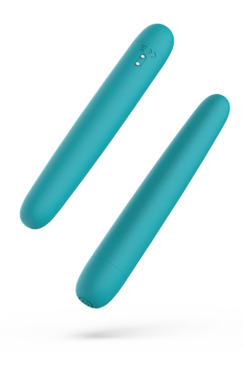 Teal slim cylindrical vibrator with smooth silicone finish and discreet control buttons shown from two angles.
