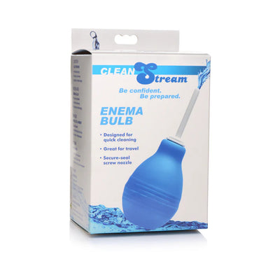Cleanstream Enema Bulb packaging showing a blue bulb with a narrow white nozzle and water splash design.