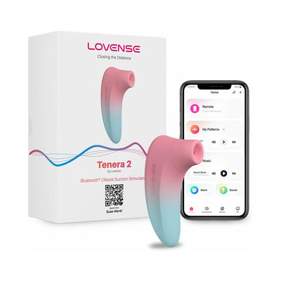 Lovense Tenera 2 Bluetooth clitoral suction stimulator in pink and blue with app control displayed on smartphone and packaging box.