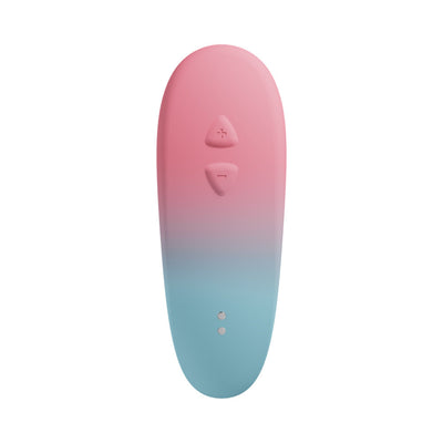 Lovense Tenera 2 clitoral suction vibrator in pink and blue gradient with two control buttons on top.