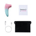 Lovense Tenera 2 clitoral suction vibrator with USB charging cable, user manual, and black storage pouch on white background.