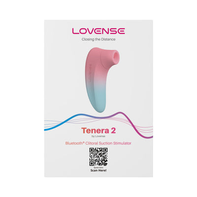 Lovense Tenera 2 Bluetooth clitoral suction stimulator packaging with pink and blue device image and QR code.