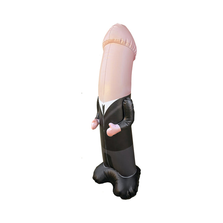 Beige inflatable bop bag shaped like a cartoon character wearing a black suit with thumbs-up hands.