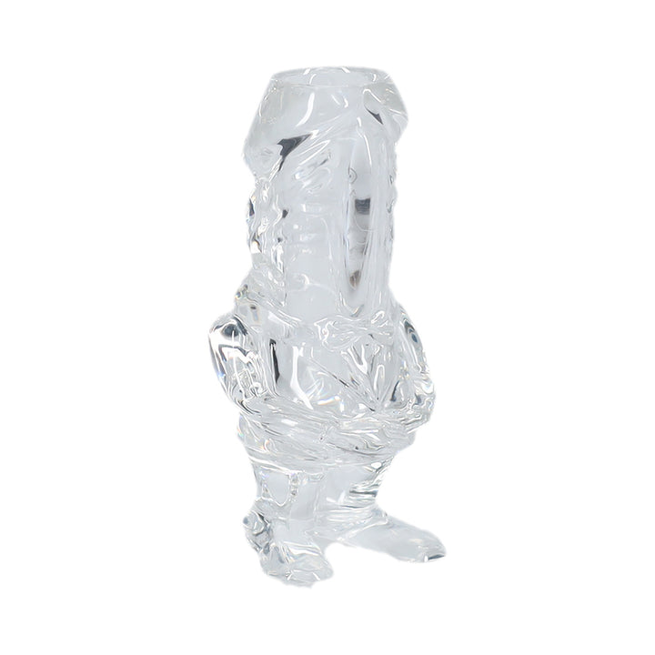 Clear tall novelty shot glass shaped like a humorous cartoon character standing with arms crossed.