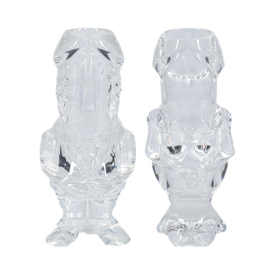 Clear tall shot glasses shaped like playful cartoon characters, designed as a humorous couples set.