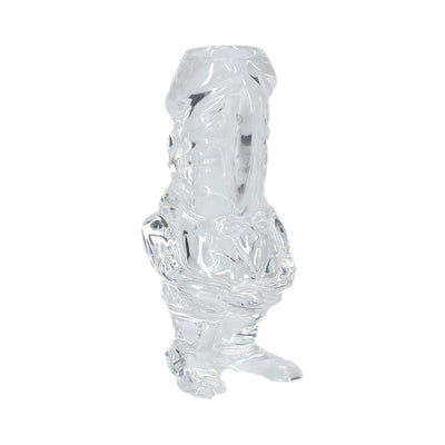 Clear tall novelty shot glass shaped like a playful cartoon character standing with arms crossed.