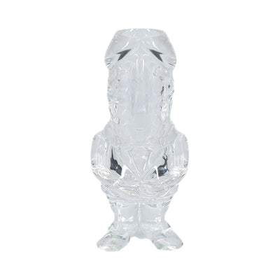 Clear tall shot glass shaped like a humorous cartoon character standing with arms crossed.