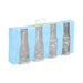 Set of four clear tall shot glasses in playful molded shapes, packaged in a light blue box with cutout windows.
