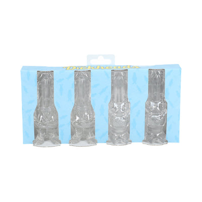 Set of four clear novelty tall shot glasses with playful character shapes in blue packaging.