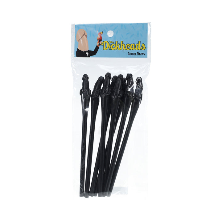 Pack of black novelty groom straws with playful design, packaged in clear plastic with blue branded label.