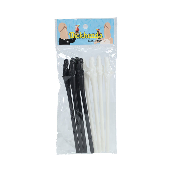 Package of black and beige novelty couple straws with playful design for parties and bachelorette events.