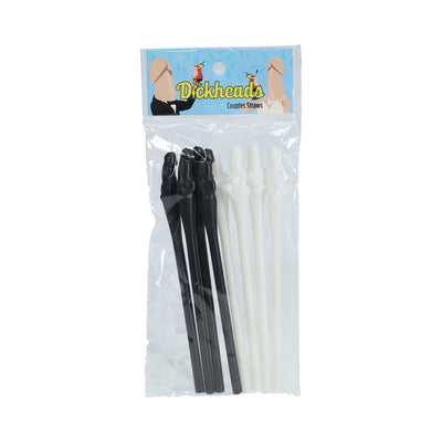 Package of black and beige novelty couple straws with playful design for parties and bachelorette events.