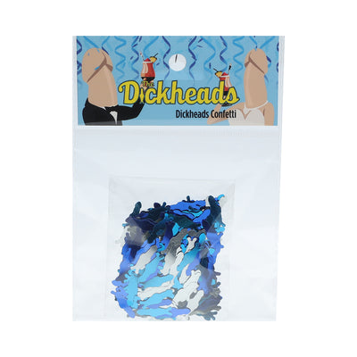 Package of blue and silver playful confetti shapes in a clear bag with festive party-themed header card.