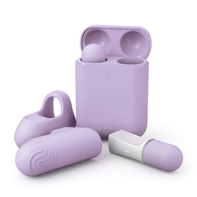Jimmyjane Hello Touch Pro mini massagers with silicone sleeves and lavender charging case shown on white background.