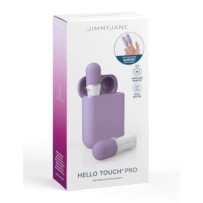 Jimmyjane Hello Touch Pro vibrating travel massagers with wireless remote and silicone finger sleeves in lavender packaging.