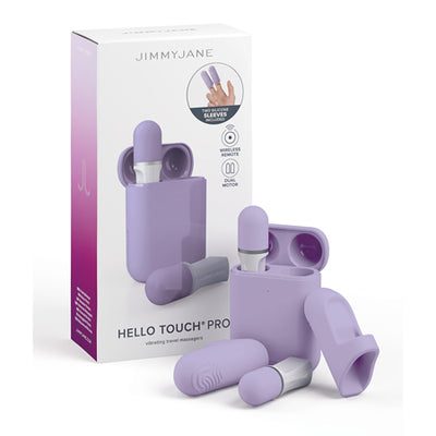 Jimmyjane Hello Touch Pro purple mini finger massagers with silicone sleeves and wireless charging case displayed with packaging box.
