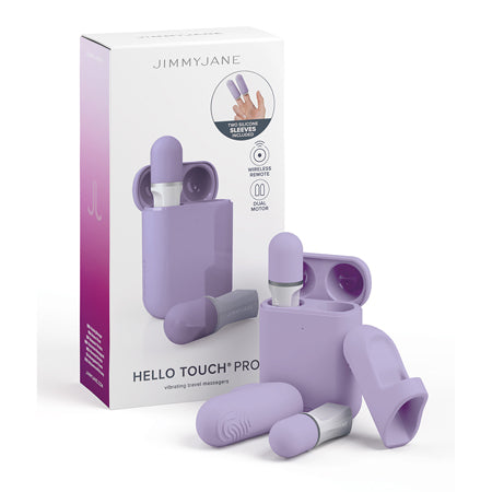 Jimmyjane Hello Touch Pro purple mini finger massagers with silicone sleeves and wireless charging case displayed with packaging box.