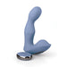 Blue silicone prostate massager with ergonomic curved design and wireless remote control on white background.