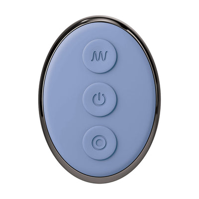 Blue oval wireless remote control with three buttons for Jimmyjane Pulsus P-Spot vibrator.