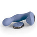 Blue ergonomic prostate massager with curved tip and matching wireless remote control on white background.