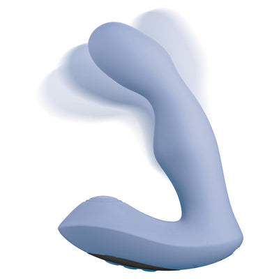 Light blue ergonomic prostate massager with curved tip and base controls, designed for targeted P-Spot and perineum stimulation.
