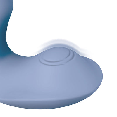 Close-up of the curved blue silicone tip of the Jimmyjane Pulsus P-Spot prostate vibrator showing textured vibrating surface.