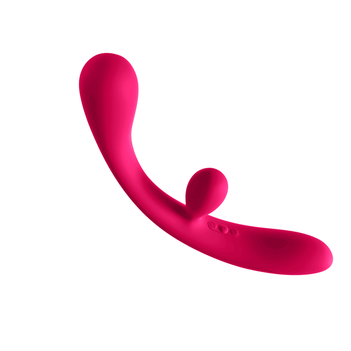 Bright pink curved rabbit-style massager with dual motors and three-button controls, designed for personalized comfort.