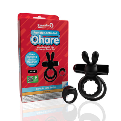 Screaming O Ohare black remote controlled vibrating double ring with wearable rabbit vibe and remote ring next to product packaging.