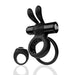 Black double-ring vibrating device with rabbit ear design and matching remote control ring on white background.