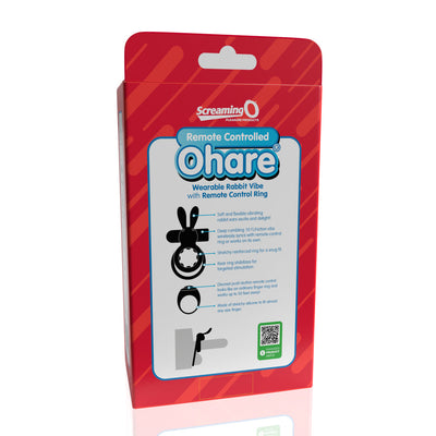 Red and blue packaging of Screaming O Remote Controlled Ohare Vibrating Ring with product features and illustrations on the back panel.
