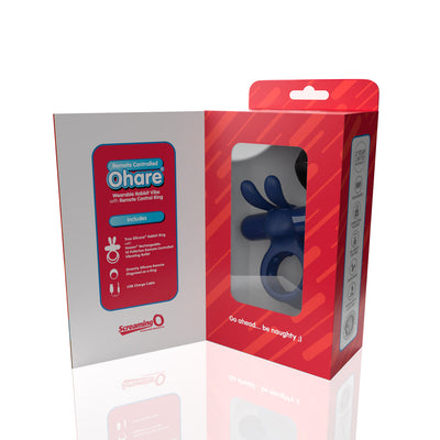 Blue Screaming O Remote Controlled Ohare vibrating ring in red and white packaging with product details and window display.
