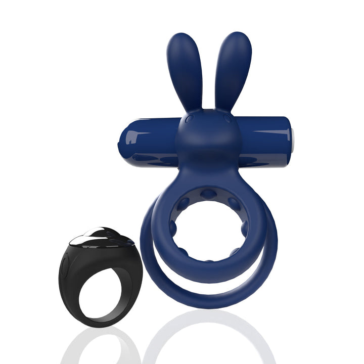 Blue rabbit-shaped vibrating double ring with a black remote control ring on a white background.