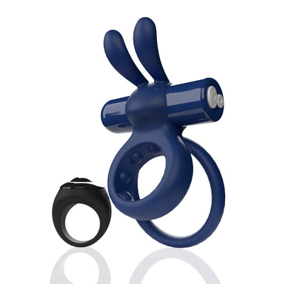 Blue dual-ring vibrating toy with rabbit ear design and black remote control ring on white background.