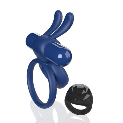 Blue double-ring vibrating toy with rabbit ears and black remote control ring on white background.
