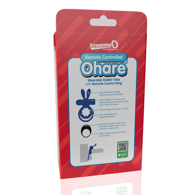 Packaging of Screaming O Remote Controlled Ohare Vibrating Ring in blue with product features and usage instructions.