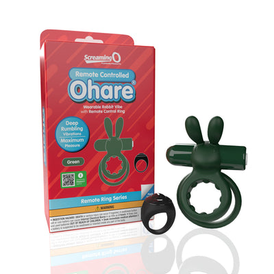 Green wearable rabbit-style vibrating ring with a black remote control ring and red product packaging.