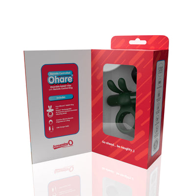 Screaming O Remote Controlled Ohare Vibrating Ring in blue with packaging showing product features and window display.