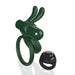 Dark green double vibrating ring with rabbit ears and a black remote control ring on a white background.