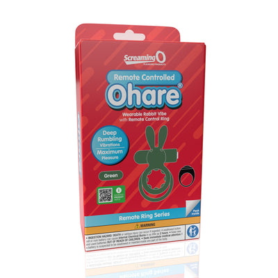 Packaging of Screaming O Remote Controlled Ohare Vibrating Ring in green, featuring wearable rabbit vibe and remote control ring.
