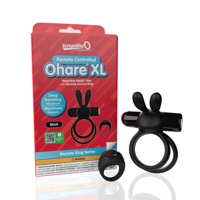 Black Screaming O Ohare XL remote controlled vibrating double ring with bunny ears and matching remote next to red product box