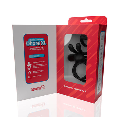 Packaging of Screaming O Remote Controlled Ohare XL Vibrating Ring with visible black silicone double ring and bunny ears inside a red and white box.