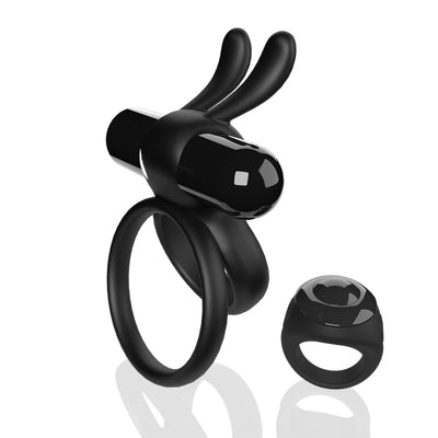 Black remote controlled vibrating double ring with bunny ears and matching ring remote on white background.