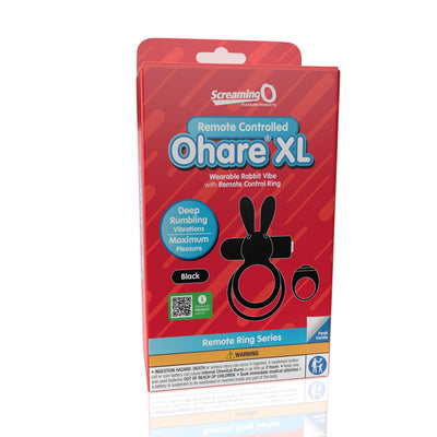 Packaging of Screaming O Remote Controlled Ohare XL Vibrating Ring in black with remote control ring shown on front.