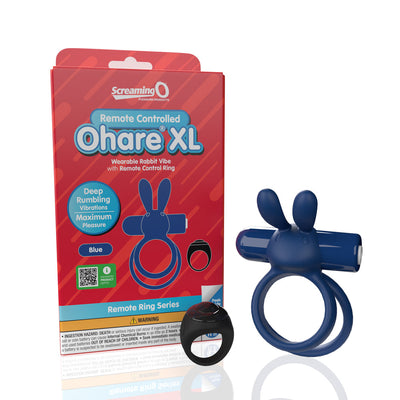 Blue Screaming O Remote Controlled Ohare XL vibrating double ring with bunny ears and black remote, displayed with packaging box.