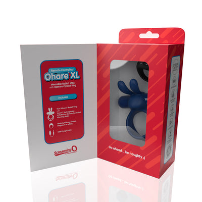 Packaging of Screaming O Remote Controlled Ohare XL Vibrating Ring in red box with product visible through window and product details on flap.